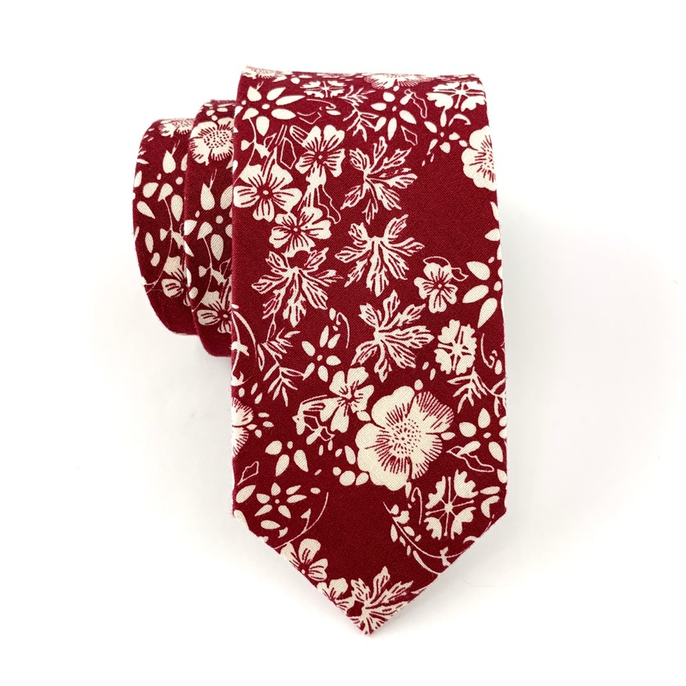 Men’s Dark Red Tropical Floral Slim Necktie